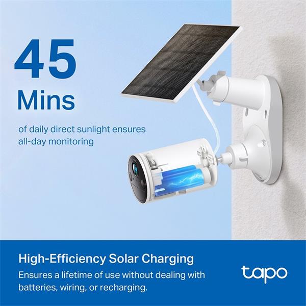 "Tapo Solar Panel SPEC: 5.2V 2.5W FEATURE: Type-C Charging Port, Non-Stop Power, Flexible Solar Installation, Works wit