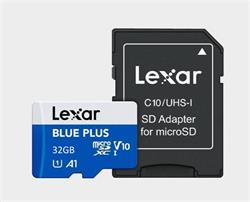 32GB Lexar® Blue Plus microSDHC UHS-I with SD adapter, up to 100MB/s read C10 A1 V10 U1