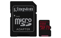 64 GB . microSDXC karta Kingston Canvas React Class U3 UHS-I V30 A1 (r100MB/s, w80MB/s) + adaptér