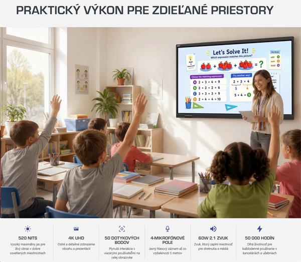 86" LIGHT GEN 7 Séria PRESTIGIO SOLUTIONS, Android 14 Google EDLA + upgr 16, 50 dotyk, 9H, 3x20W, 100 000:1, AI tlačidlo