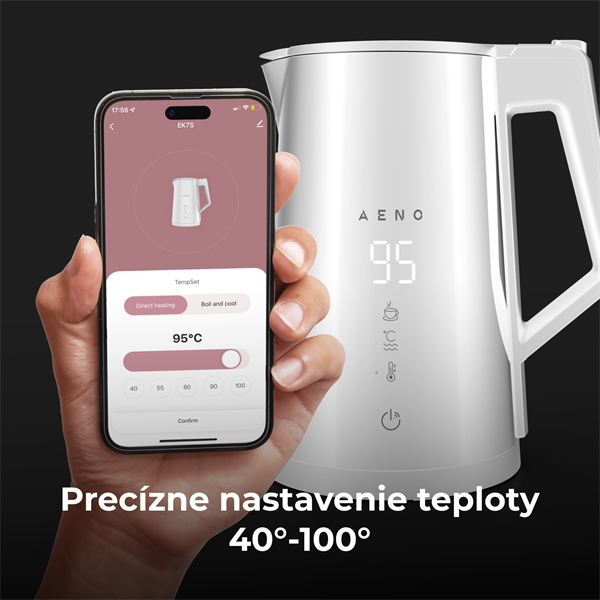 AENO Rýchlovarná smart kanvica EK8S biela, 2200W,1,7 l,Strix,dvojité steny,regulácia teploty,WiFi, LEDdisplej,auto vyp