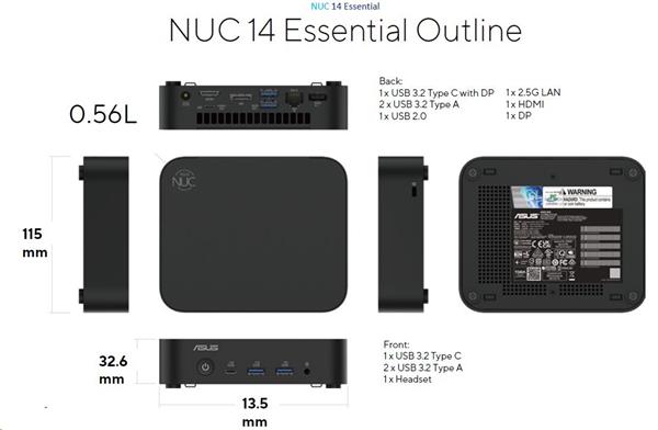 ASUS NUC 14 Essential Intel N150, 1xDDR5, M.2 SSD, WiFi+BT, HDMI, DP, USB-C/DP, 2.5G LAN