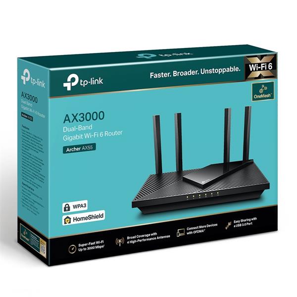 AX3000 Dual-Band Wi-Fi 6 Router SPEED: 574 Mbps at 2.4 GHz + 2402 Mbps at 5 GHz SPEC: 4× Antennas, 1× Gigabit WAN Port
