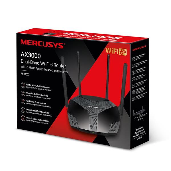 AX3000 Dual-Band Wi-Fi 6 Router SPEED: 574 Mbps at 2.4 GHz + 2402 Mbps at 5 GHz SPEC: 4× Fixed External Antennas, 3× G