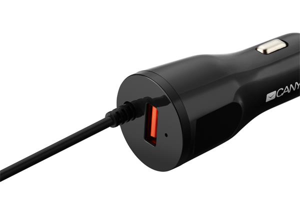Canyon C-033, univerzálna autonabíjačka, 1x USB, výstup 5V/2,4A, Smart IC, integrovaný kábel Lightning, čierna | Asbis SK