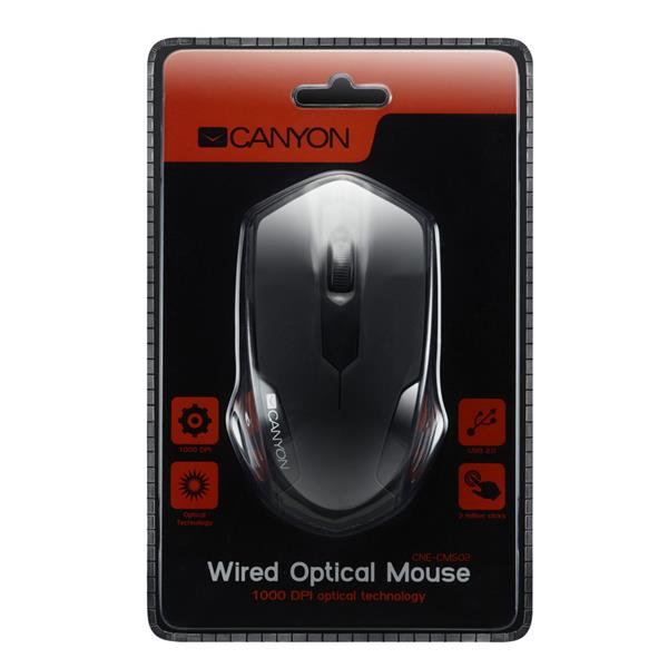 Canyon CM-02, optická myš, USB, 1000 dpi, 3 tlač, čierna, blister