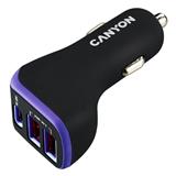 Canyon CNE-CCA08PU, univerzálna autonabíjačka, 2x USB-A, 1xUSB-C 18W PD, Smart IC, LED, fialovo - čierna