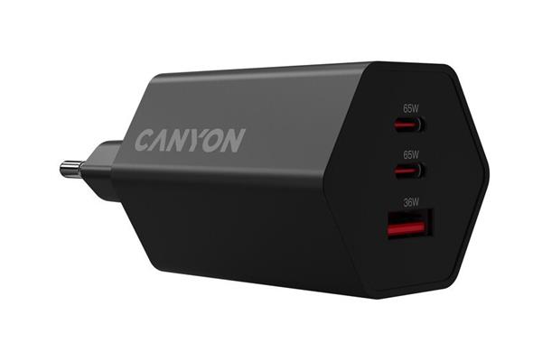 Canyon Hexagon 65, vysokorýchlostná univerzálna nabíjačka do steny, 65W, 2x USB-C + 1x USB-A, čierna