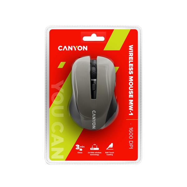 Canyon OnClick W01, Wireless optická myš USB, 800/1000/1200 dpi, šedo-čierna