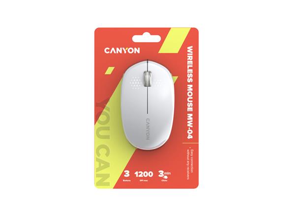Canyon OnClick W04, Bluetooth optická myš, 1200 dpi, 3 tlač, 1x AA, úspora energie, biela
