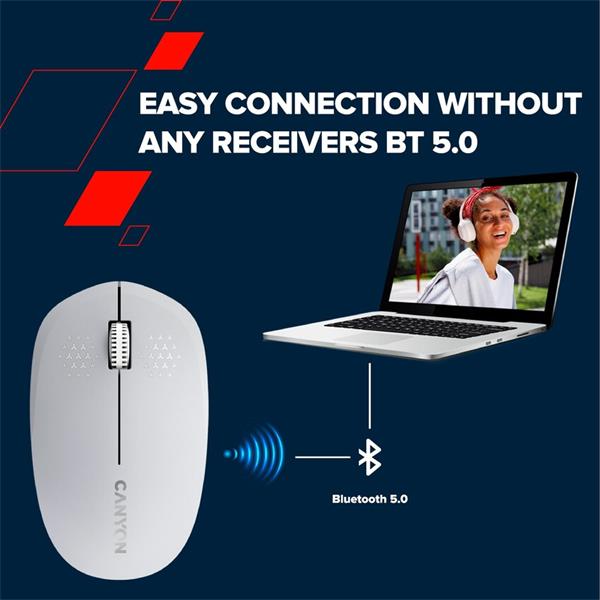 Canyon OnClick W04, Bluetooth optická myš, 1200 dpi, 3 tlač, 1x AA, úspora energie, biela