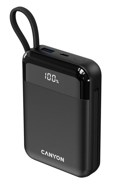 Canyon OnPower 104, powerbanka 10 000 mAh, 22.5 W, USB-C / USB-A, integrované káble USB-C + Lightning, čierna