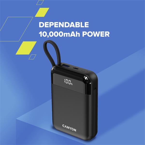 Canyon OnPower 104, powerbanka 10 000 mAh, 22.5 W, USB-C / USB-A, integrované káble USB-C + Lightning, čierna