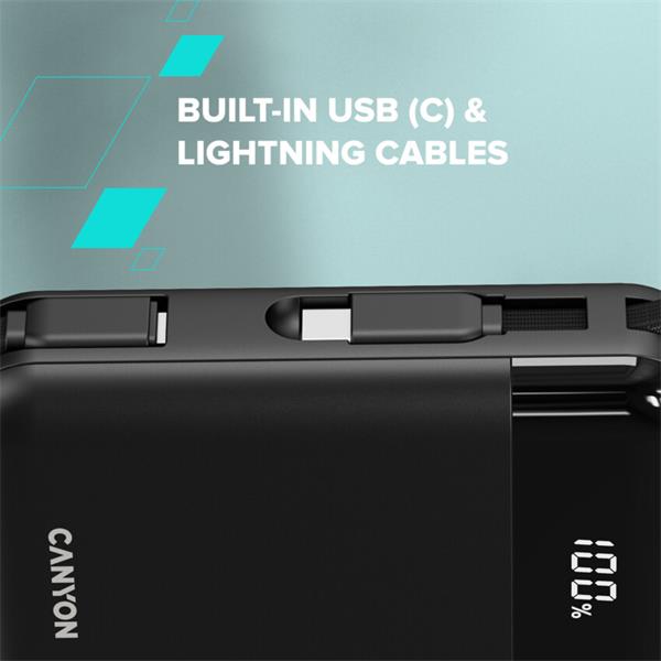 Canyon OnPower 104, powerbanka 10 000 mAh, 22.5 W, USB-C / USB-A, integrované káble USB-C + Lightning, čierna