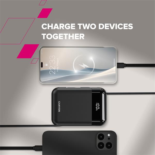 Canyon OnPower 104, powerbanka 10 000 mAh, 22.5 W, USB-C / USB-A, integrované káble USB-C + Lightning, čierna