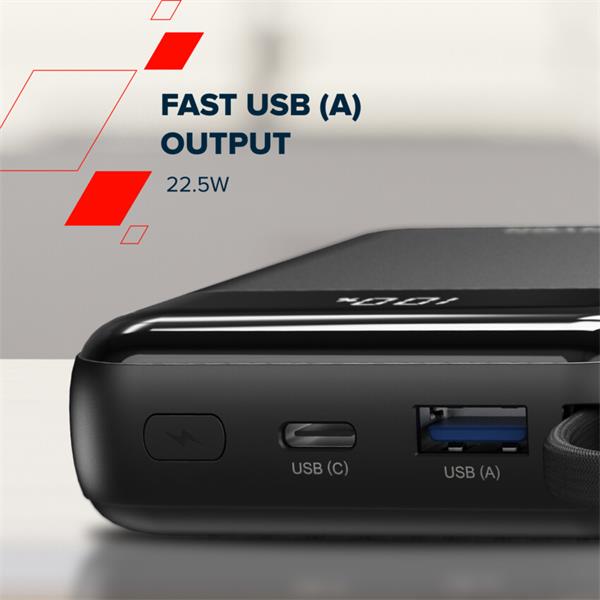 Canyon OnPower 104, powerbanka 10 000 mAh, 22.5 W, USB-C / USB-A, integrované káble USB-C + Lightning, čierna
