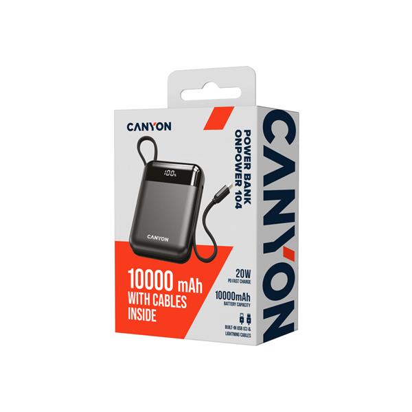 Canyon OnPower 104, powerbanka 10 000 mAh, 22.5 W, USB-C / USB-A, integrované káble USB-C + Lightning, čierna