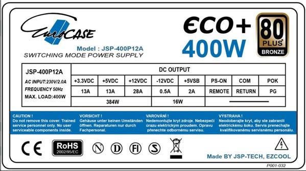 Eurocase Eco+ 400W, 80PLUS BRONZE, 12cm ventilátor, bulk