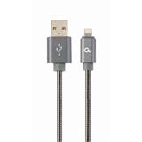 Gembird kábel nabíjací Lightning 8-pin (M) na USB 2.0 (M), prémiový, metalicky opletený, 2 m, šedý