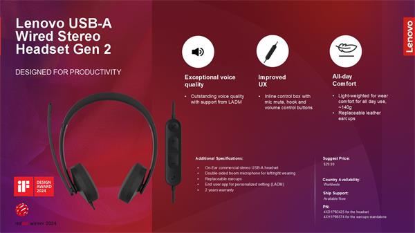 Lenovo USB-A Wired Stereo Headset Gen 2