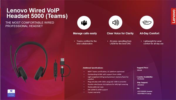Lenovo Wired VoIP Headset 5000 (Teams)