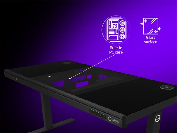 Lorgar DE90G prémiový herný stôl s elektrickým zdvihom a tvrdeným oleofóbnym skleneným povrchom, Integrované PC šasi