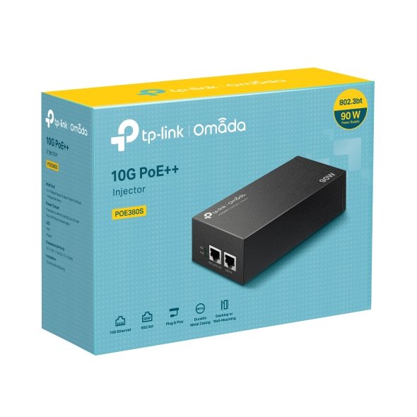 Omada 10G PoE++ Injector Adapter PORT: 1× 10Gbps PoE Port, 1× 10Gbps Non-PoE Port SPEC: 802.3bt/at/af Compliant, 90 W Po