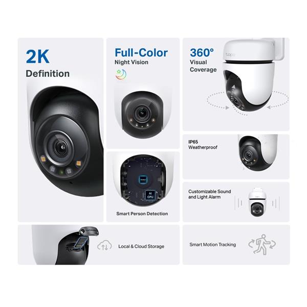 Outdoor Pan/Tilt Security Wi-Fi Camera SPEC: 2K (2304x1296), 2.4 GHz, Horizontal 360o FEATURE: Pan/Tilt, Color Night Vis