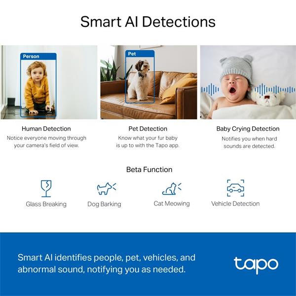Pan/Tilt AI Home Security Wi-Fi Camera SPEC: 2K QHD (2560x1440), 2.4 GHz, Horizontal 360o FEATURE: Pan/Tilt, Smart AI D