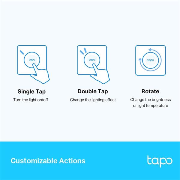 Smart Remote Dimmer Switch SPEC: 868 MHz, battery powered(1*CR2032), EU/UK wall plate Feature: Tapo smart app, Tapo smar