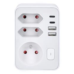Solight rozbočovač, 1x 16A + 2x 2,5A, 2xUSB A+C, biely, vypínač