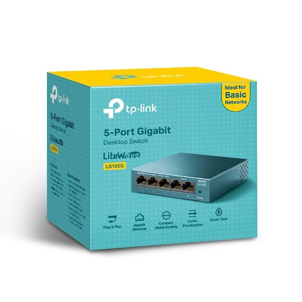 TP-LINK LS105G LiteWave 5-Port Gigabit Desktop Switch, 5 Gigabit RJ45 Ports, Desktop Steel Case